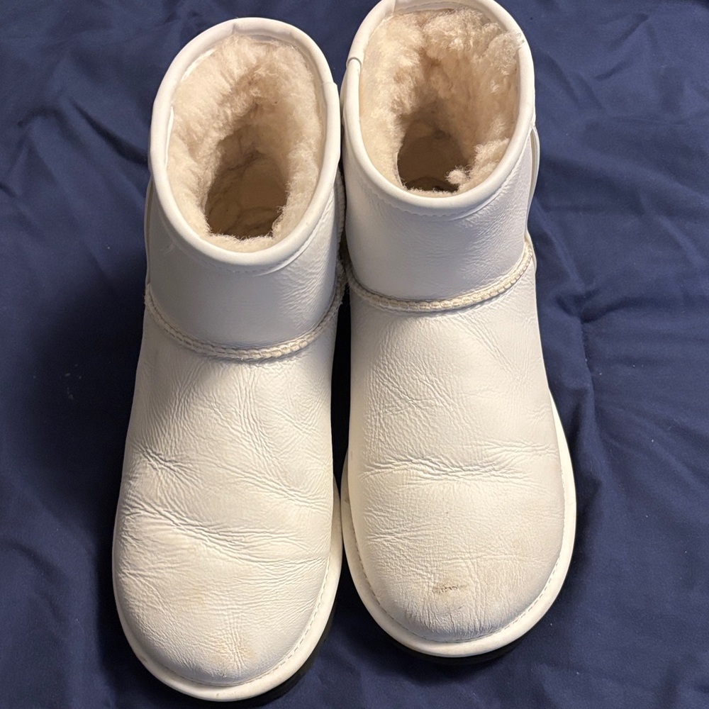 UGG White Leather Boots with Black Soles